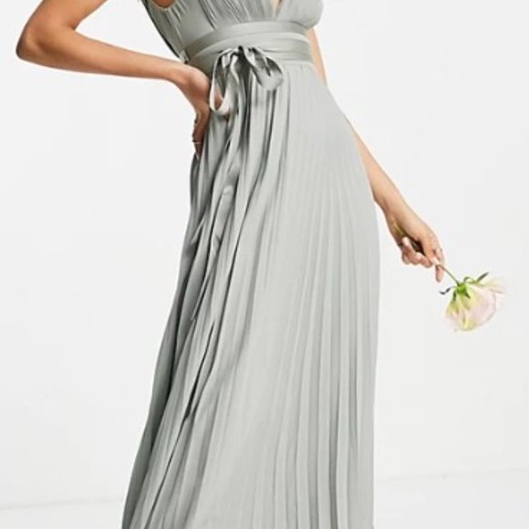 ASOS DESIGN Petite Bridesmaid pleated olive cami maxi dress & satin wrap waist - - Picture 3 of 7